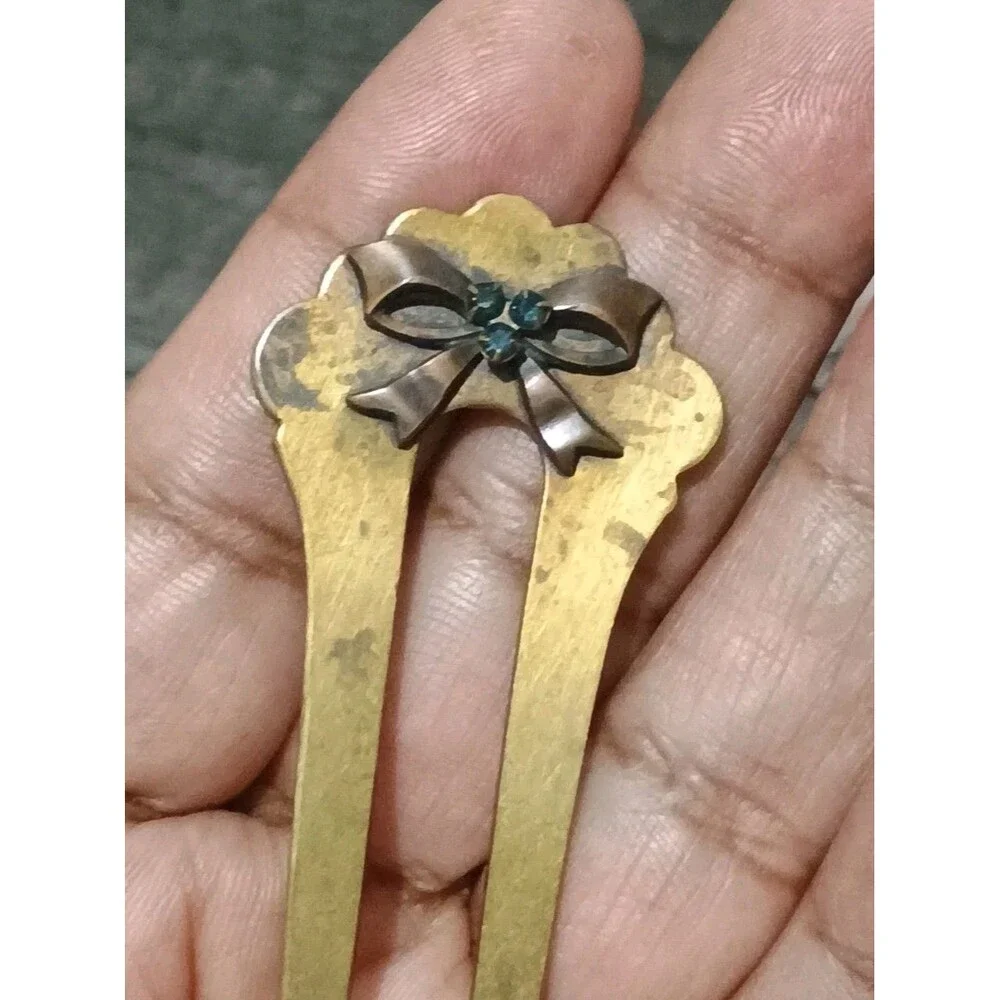 Antique Victorian Brass Bow Black Rhinestone Accent Hair Fork Pin